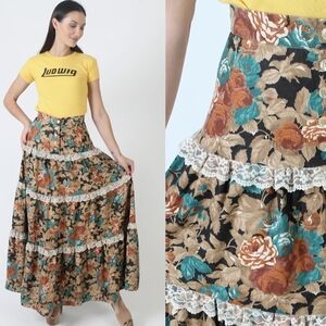 1970s YOU BABES Skirt Autumn Floral Lace Trim Tiered Maxi Cottagecore Boho Sz 26